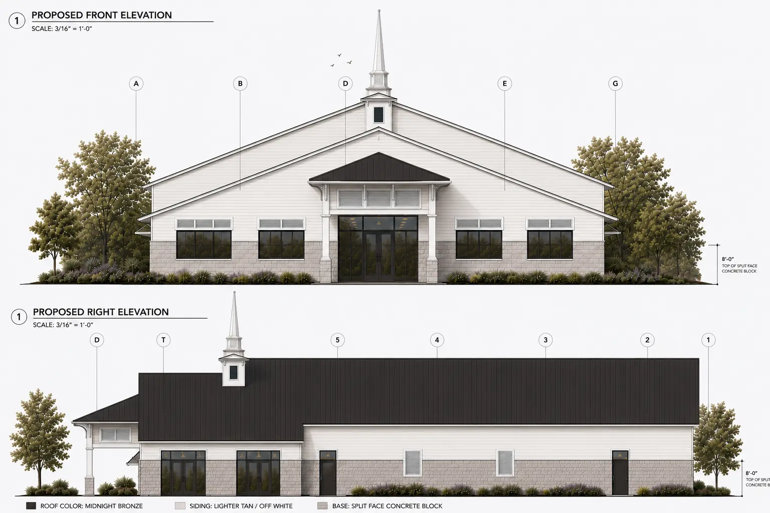 Architectural elevation renderings of the new church building
